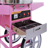 Máquina de algodão doce rosa com detalhes em inox, botões de controle e gaveta para armazenamento, ideal para festas e eventos