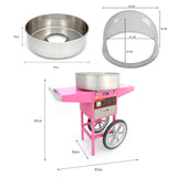Máquina de algodão doce rosa com estrutura metálica, cúpula prateada e recipiente de aço inox, ideal para festas e eventos