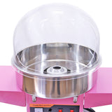 Máquina de algodão doce com estrutura rosa, tigela de aço inoxidável brilhante e tampa de plástico transparente, ideal para festas