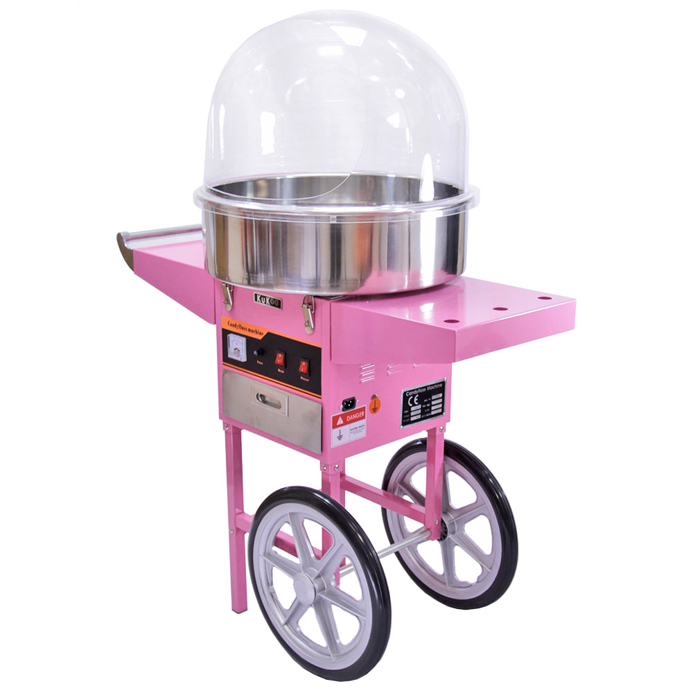 Máquina de algodão doce rosa com estrutura metálica, cúpula transparente e panela de aço inox, ideal para festas e eventos