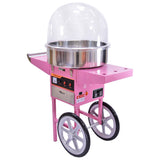 Máquina de algodão doce rosa com estrutura metálica, cúpula transparente e panela de aço inox, ideal para festas e eventos