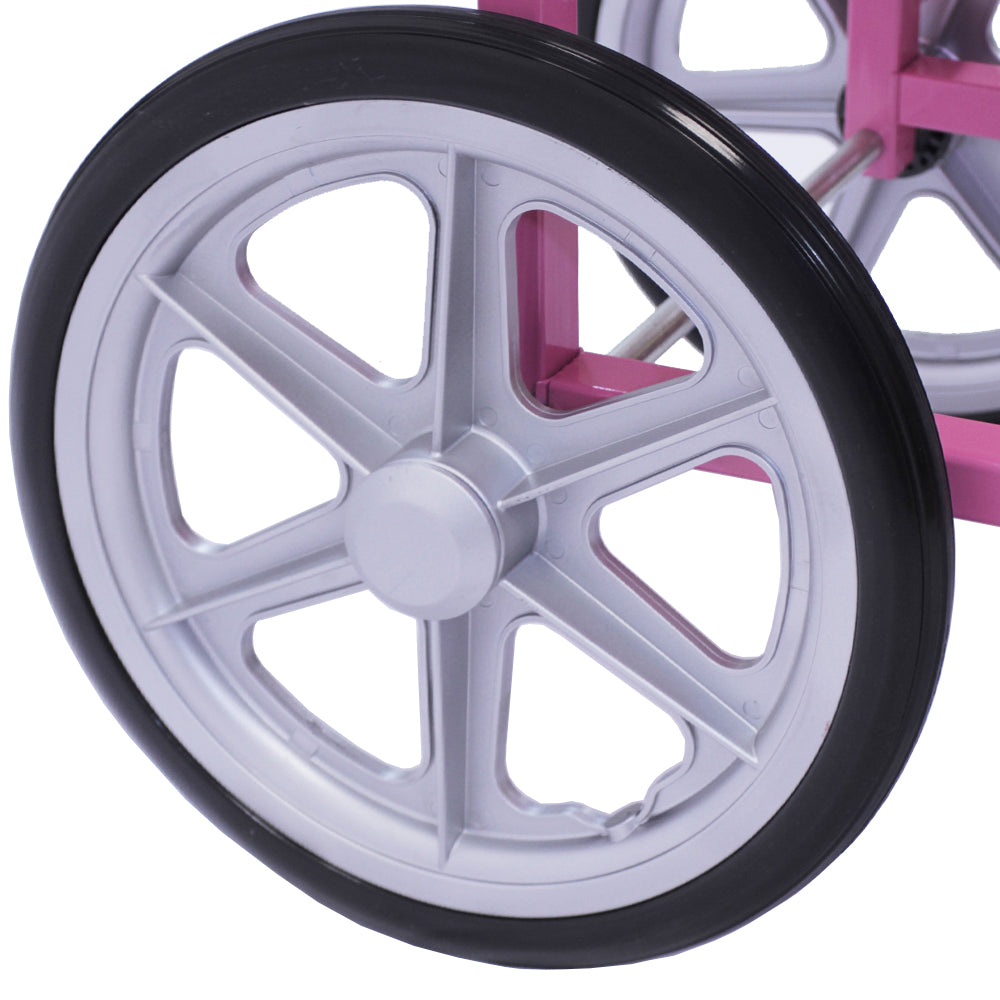 Roda de carrinho de compras em plástico cinza com detalhes em rosa, apresentando cinco raios e um acabamento brilhante e liso