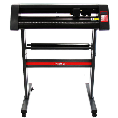 Plotter de recorte de vinil de 720 mm, estrutura metálica preta, suporte robusto, painel de controle com botões vermelhos e design funcional