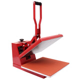 Prensa de concha vermelha de 38 cm com base laranja, ideal para transferir estampas em tecidos e vinil, com alça ergonômica
