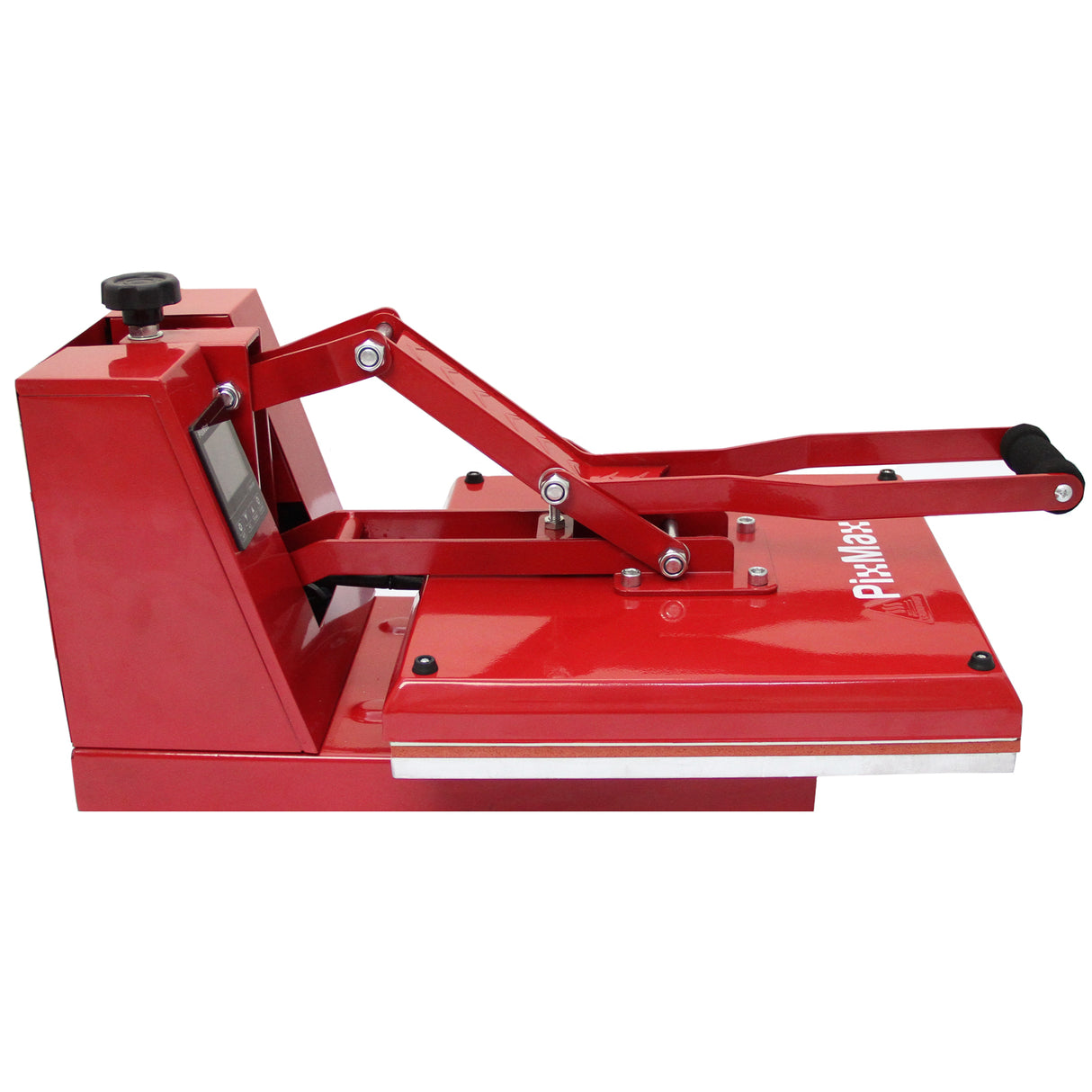 Prensa de concha vermelha de 38 cm com alavanca ajustável, superfície plana e acabamento metálico, ideal para transferências de vinil
