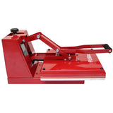 Prensa de concha vermelha de 38 cm com alavanca ajustável, superfície plana e acabamento metálico, ideal para transferências de vinil
