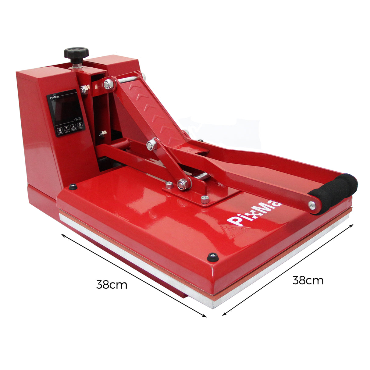 Prensa de concha vermelha de 38 cm com base ampla, alavanca ajustável e painel digital para controle de temperatura e tempo