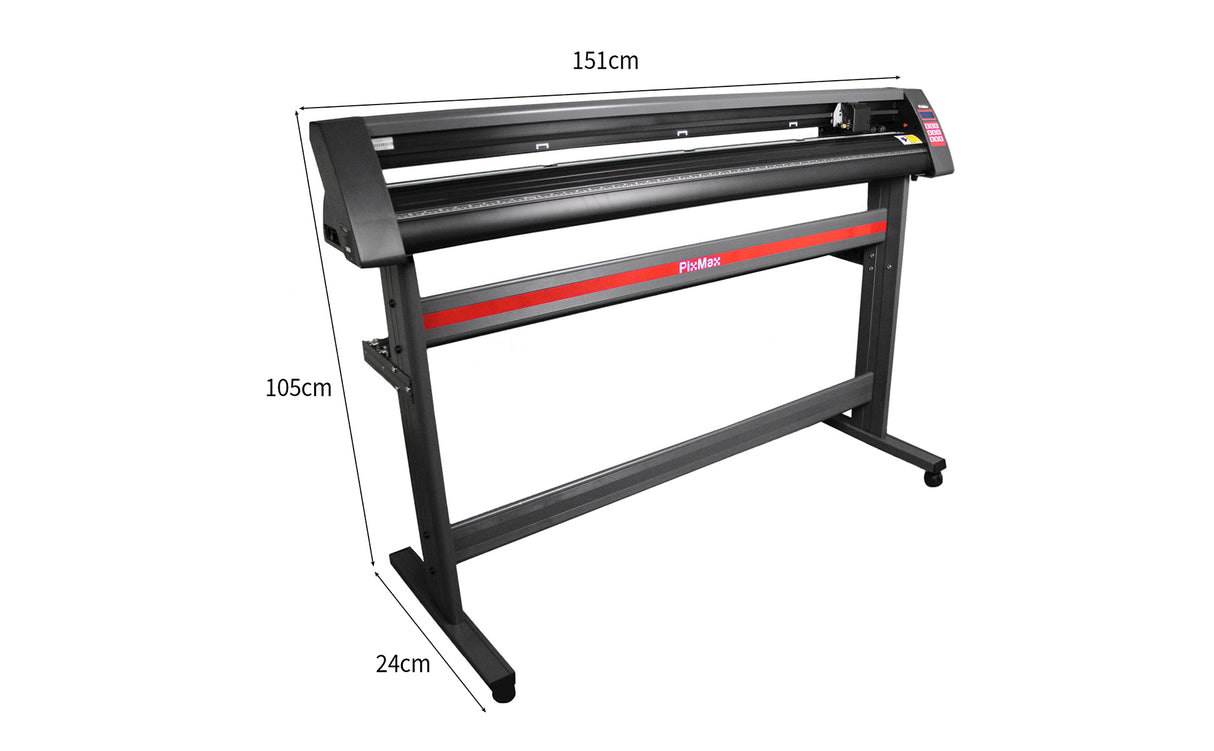 Plotter de recorte de vinil em preto com detalhes em vermelho, medindo 1350 mm, montado em suporte robusto e estável