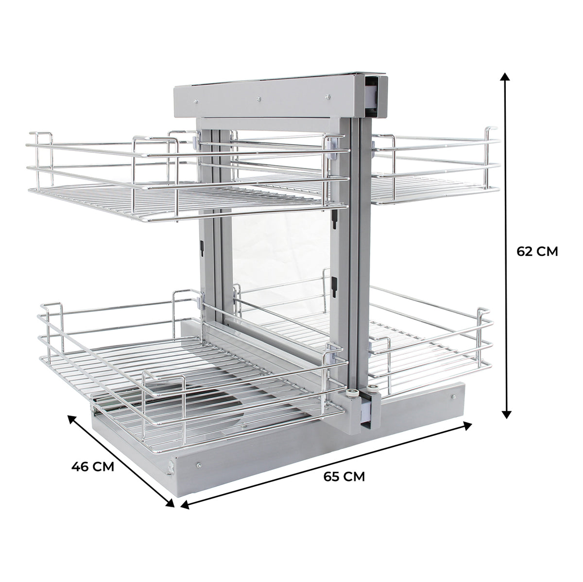 Sistema de canto extraível para cozinha em metal prateado, com quatro cestos, abertura à direita, medindo 65 cm de largura e 62 cm de altura