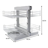 Sistema de canto extraível para cozinha em metal prateado, com quatro cestos, abertura à direita, medindo 65 cm de largura e 62 cm de altura