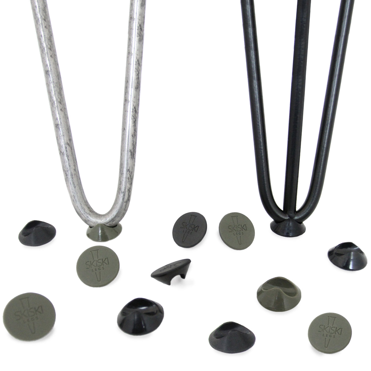 Protetores de pés de mesa em preto, com formato circular e textura antiderrapante, ideal para proteger pisos e móveis