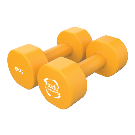 Halteres de neoprene laranja de 6 kg, formato hexagonal, superfície lisa e textura antiderrapante para melhor aderência durante os exercícios