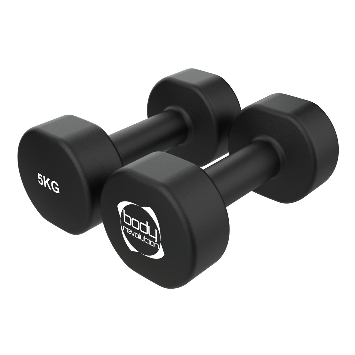Halteres de neoprene pretos, cada um pesando 5 kg, com formato hexagonal e superfície texturizada para melhor aderência durante o treino