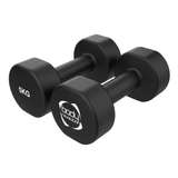 Halteres de neoprene pretos, cada um pesando 5 kg, com formato hexagonal e superfície texturizada para melhor aderência durante o treino