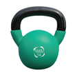 Kettlebell neoprene verde de 14kg com alça preta, superfície lisa e formato arredondado, ideal para exercícios de força e resistência