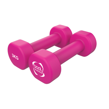 Halteres de neoprene rosa de 3 kg, formato hexagonal, com superfície lisa e logotipo da marca, ideal para exercícios em casa