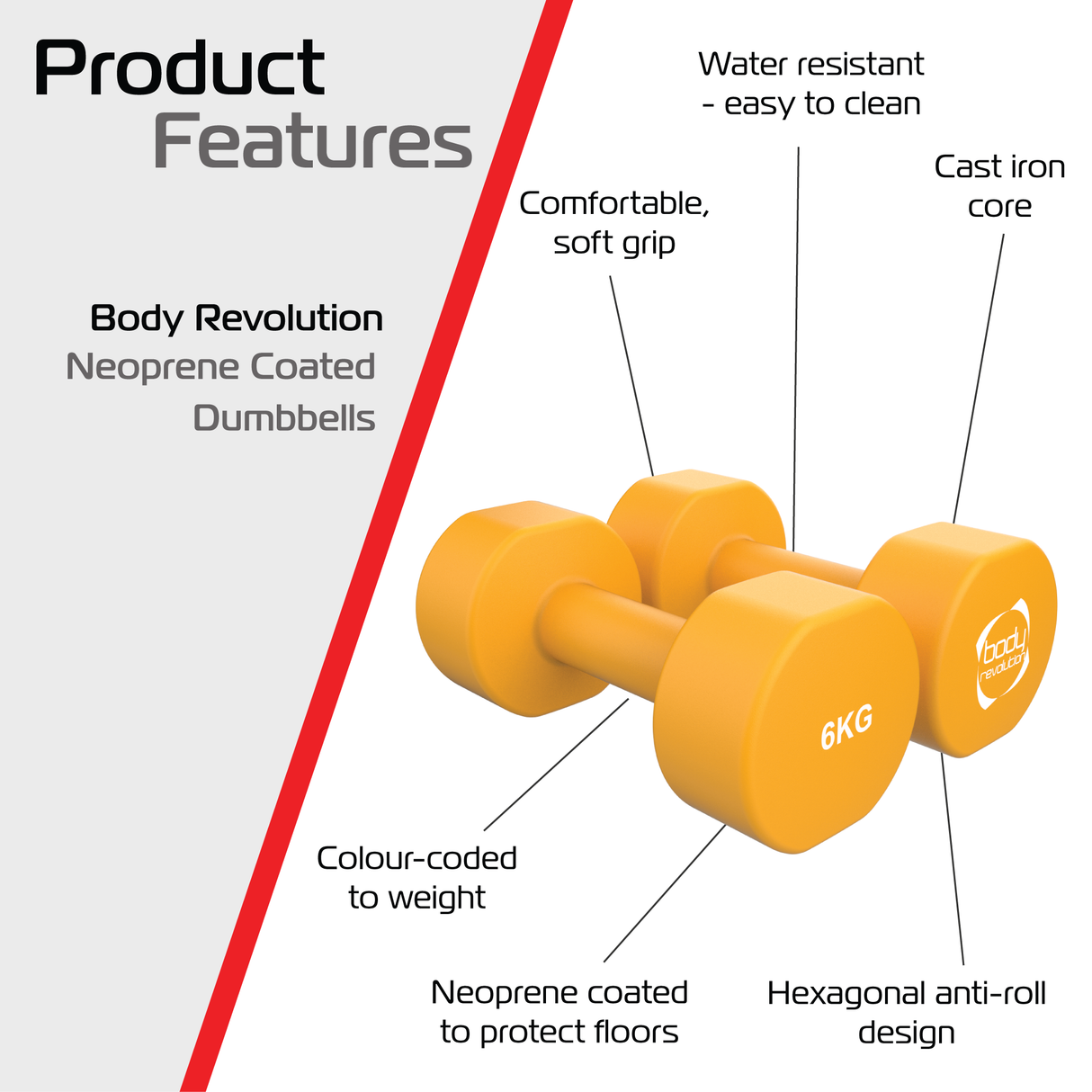Halteres de neoprene laranja de 6 kg, com design hexagonal, superfície macia e antiderrapante, resistentes à água e fáceis de limpar