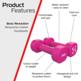 Halteres de neoprene rosa de 3 kg, com design hexagonal, superfície macia e resistente à água, ideais para exercícios em casa