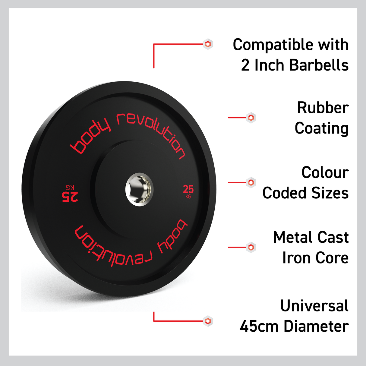Disco bumper olímpico preto de 30kg, revestido de borracha, com núcleo de ferro fundido e diâmetro universal de 45cm