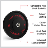Disco bumper olímpico preto de 30kg, revestido de borracha, com núcleo de ferro fundido e diâmetro universal de 45cm