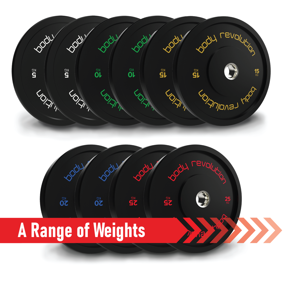 Conjunto de discos bumper olímpicos pretos Body Revolution com pesos variados de 5kg a 30kg, com detalhes em cores vibrantes