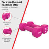 Halteres de neoprene rosa de 3 kg com design hexagonal, resistentes a quedas, ideais para treinos em casa ou na academia