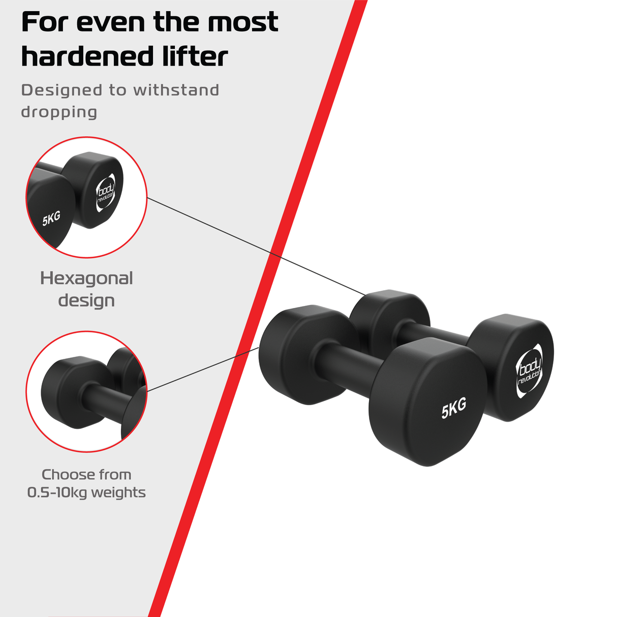 Halteres de neoprene pretos de 5 kg com design hexagonal, ideal para exercícios, resistentes a quedas e fáceis de manusear