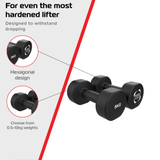Halteres de neoprene pretos de 5 kg com design hexagonal, ideal para exercícios, resistentes a quedas e fáceis de manusear