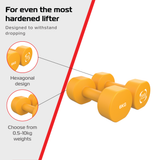 Halteres de neoprene laranja de 6 kg com design hexagonal, resistentes a quedas, ideais para treino em casa ou na academia