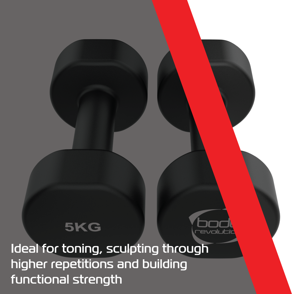 Halteres de neoprene pretos de 5 kg, com formato ergonômico, ideais para tonificação e fortalecimento muscular em treinos variados