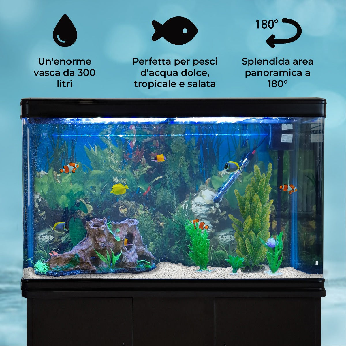 Aquá rio 300L com Móveis Pretos, Acessórios e Cascalho Branco