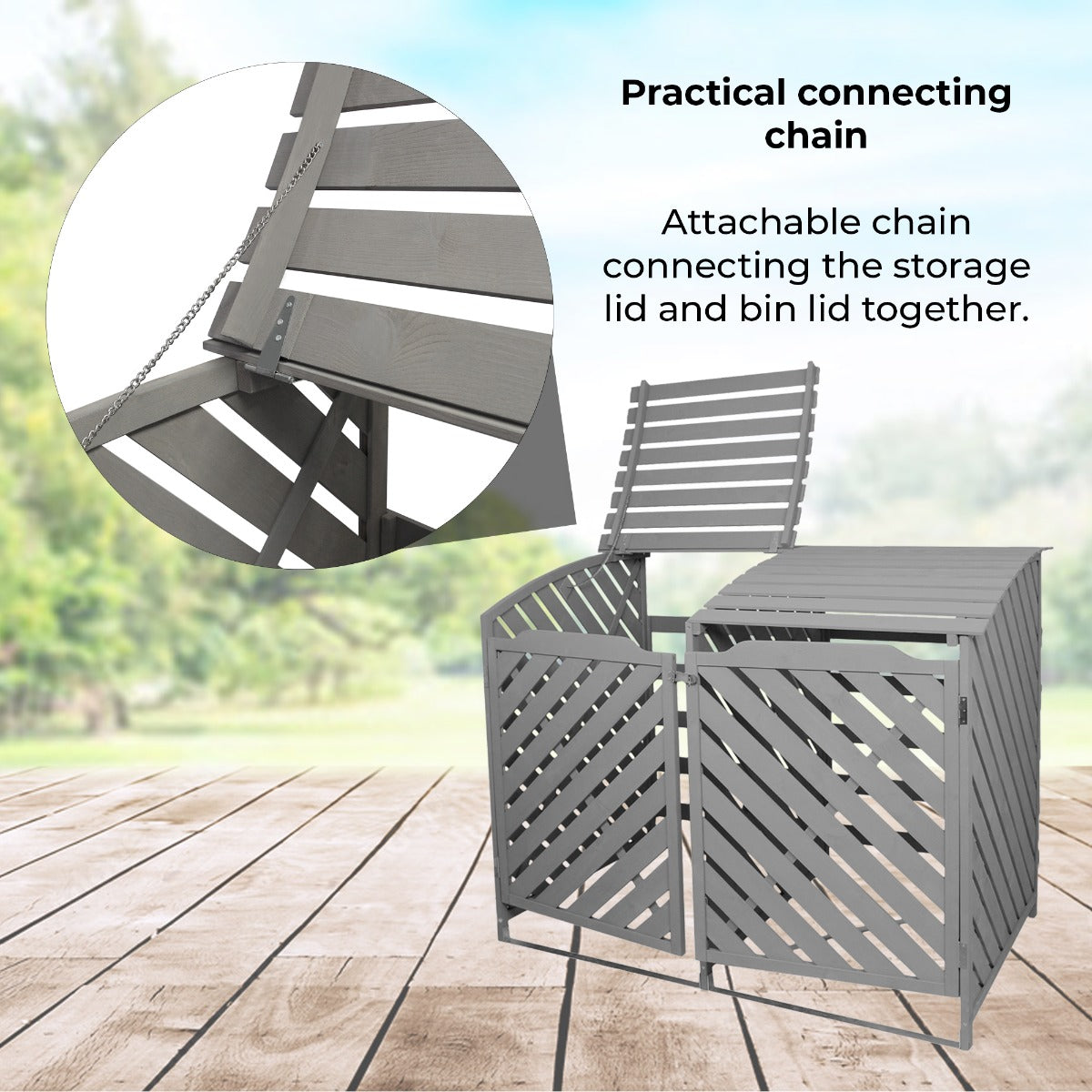 Recipiente de lixo com galpão duplo para armazenamento externo de madeira lavada cinza