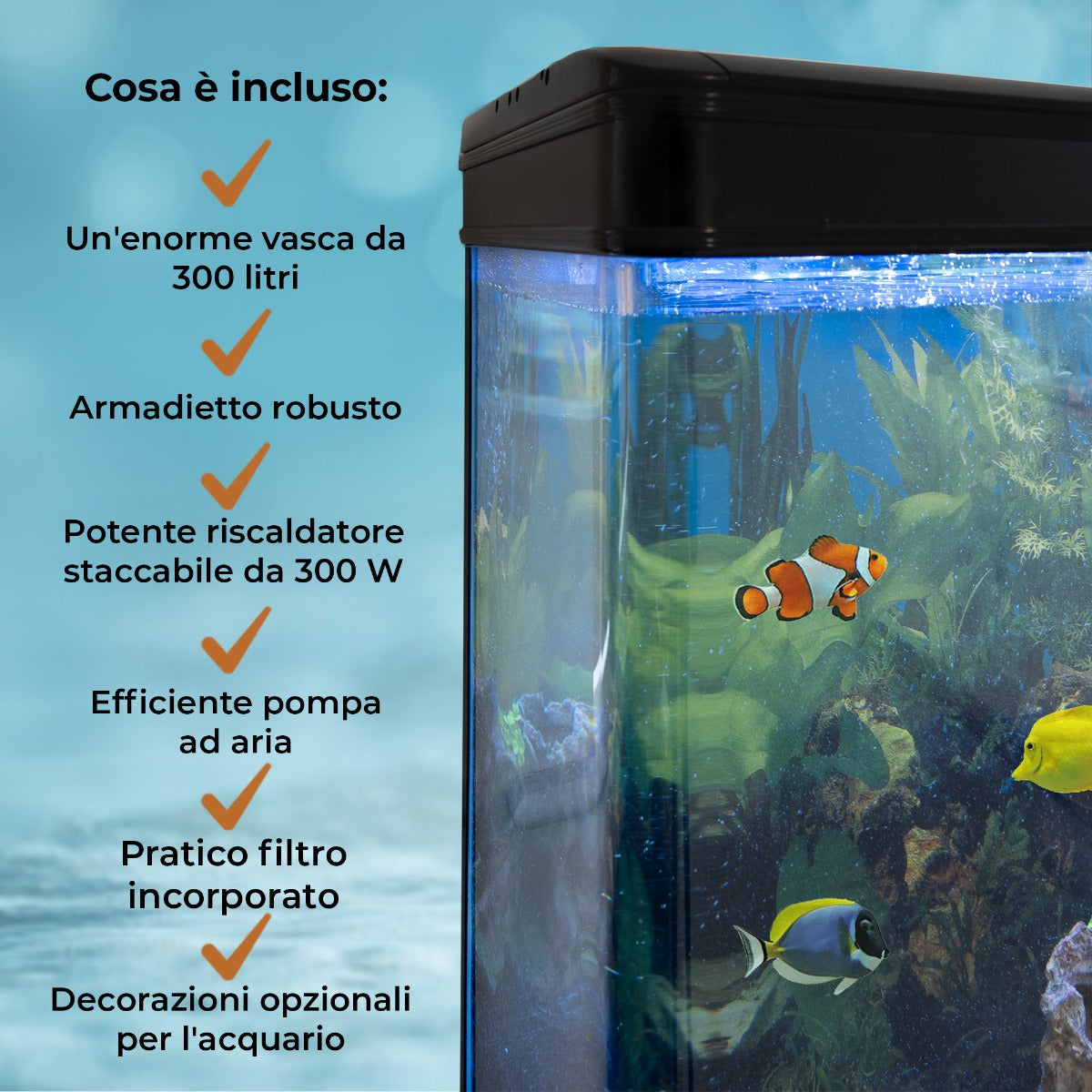 Aquá rio 300L com Móveis Pretos, Acessórios e Cascalho Azul