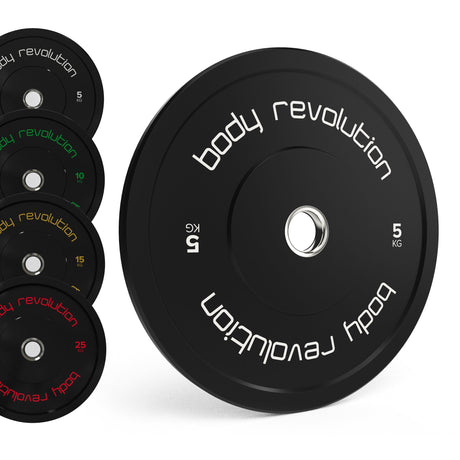 Discos bumper olímpicos pretos da Body Revolution, com pesos de 5kg, 10kg, 15kg e 25kg, destacando o design moderno e resistente