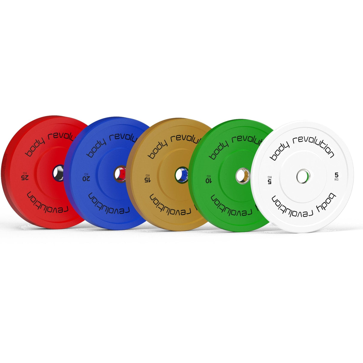 Anilhas olímpicas coloridas da Body Revolution, com pesos de 5 kg, 7,5 kg, 10 kg, 15 kg e 20 kg, em vermelho, azul, amarelo, verde e branco