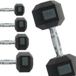 Halteres hexagonais Body Revolution de 2 kg, com acabamento em borracha preta e pegada em aço prateado, ideal para treinos de força