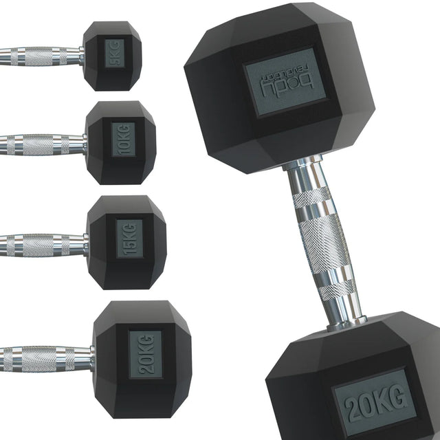 Halteres hexagonais Body Revolution de 2 kg, com acabamento em borracha preta e pegada em aço prateado, ideal para treinos de força