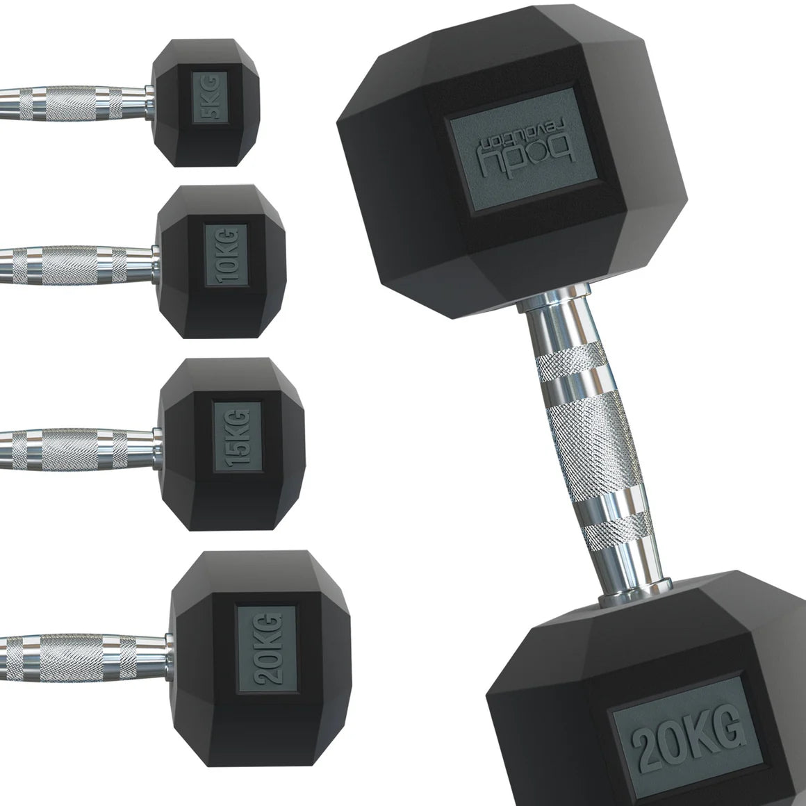 Halteres hexagonais de 6 kg, com acabamento emborrachado preto e cabo prateado, ideal para treinos de força e resistência