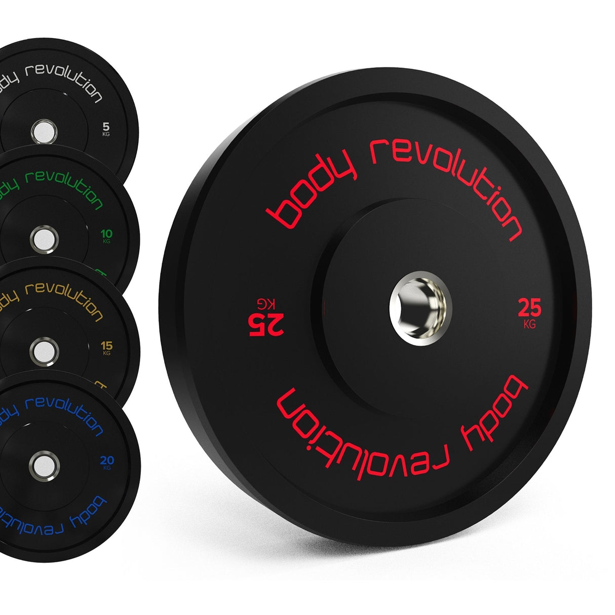 Discos bumper olímpicos pretos da Body Revolution, com pesos de 10kg, 15kg, 20kg e 25kg, destacando a marca em vermelho e verde