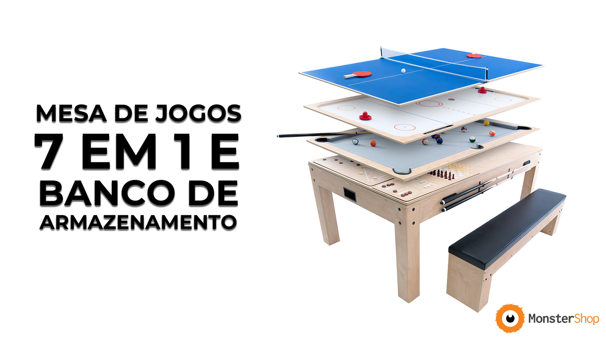 Mesa de Jogos 7 em 1 com Banco de Arrumação - Carvalho