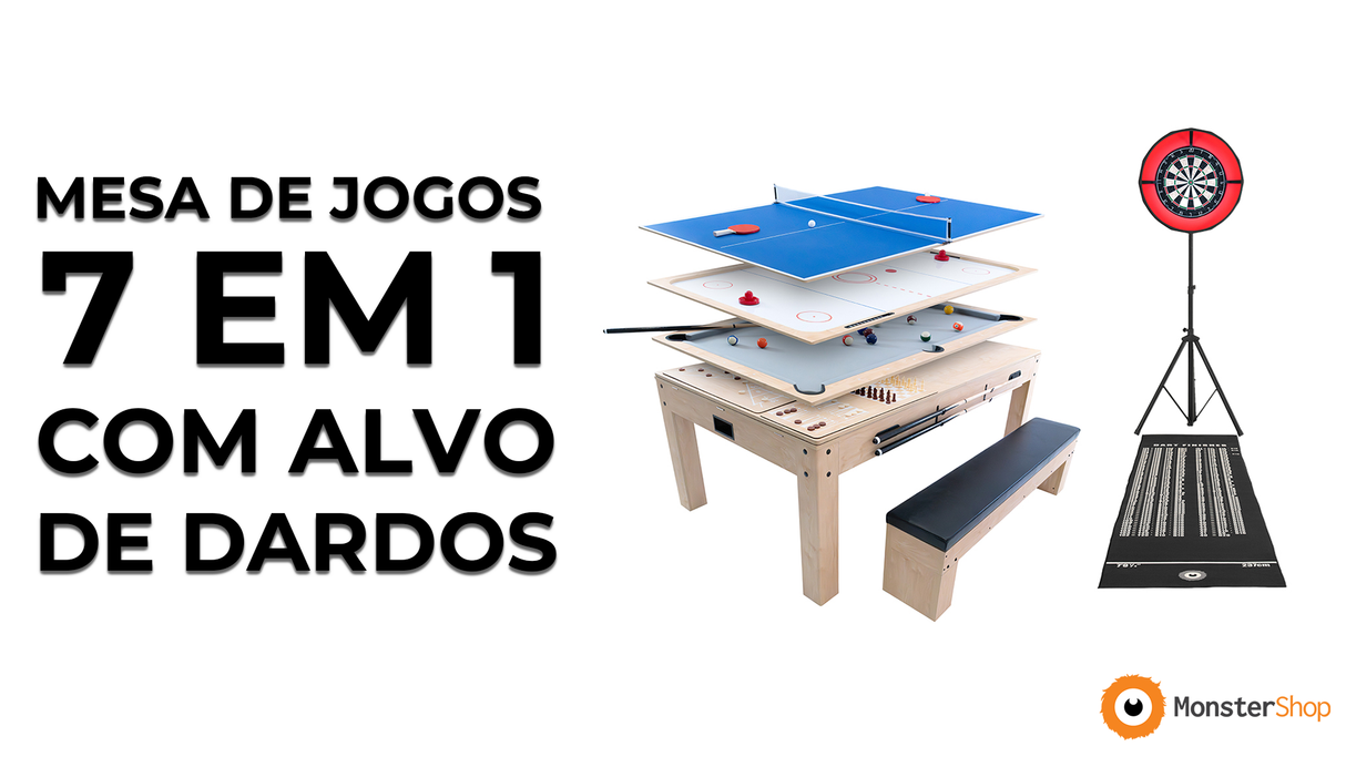 Mesa de Jogos 7 em 1 (Cinza) com Conjunto de Dardos e Luz LED